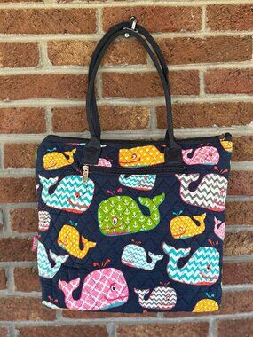 n. gil tote bag * whale fun pattern * quilted * euc * navy blue